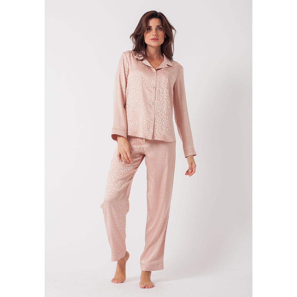 Classic Silky Long Pajama Set | Leopard Blush