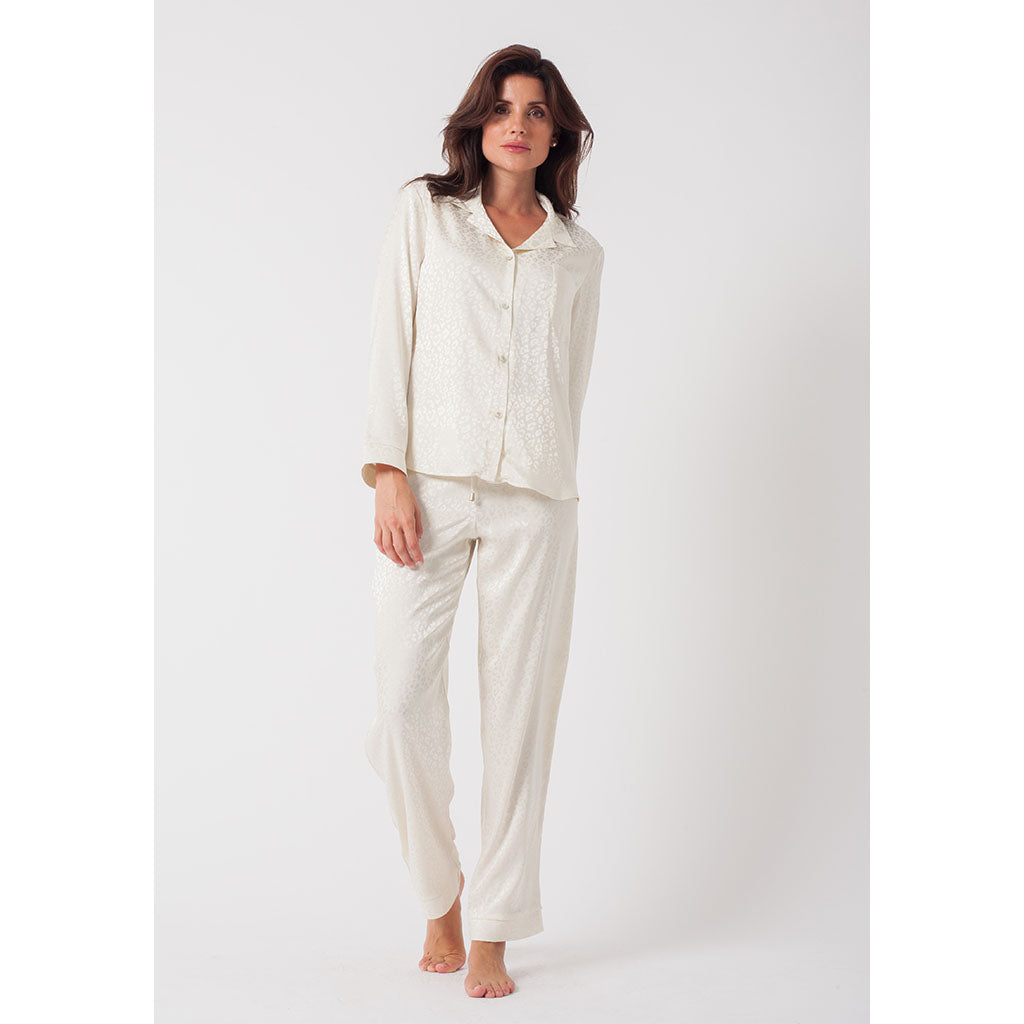 Classic Silky Long Pajama Set | Leopard Ivory