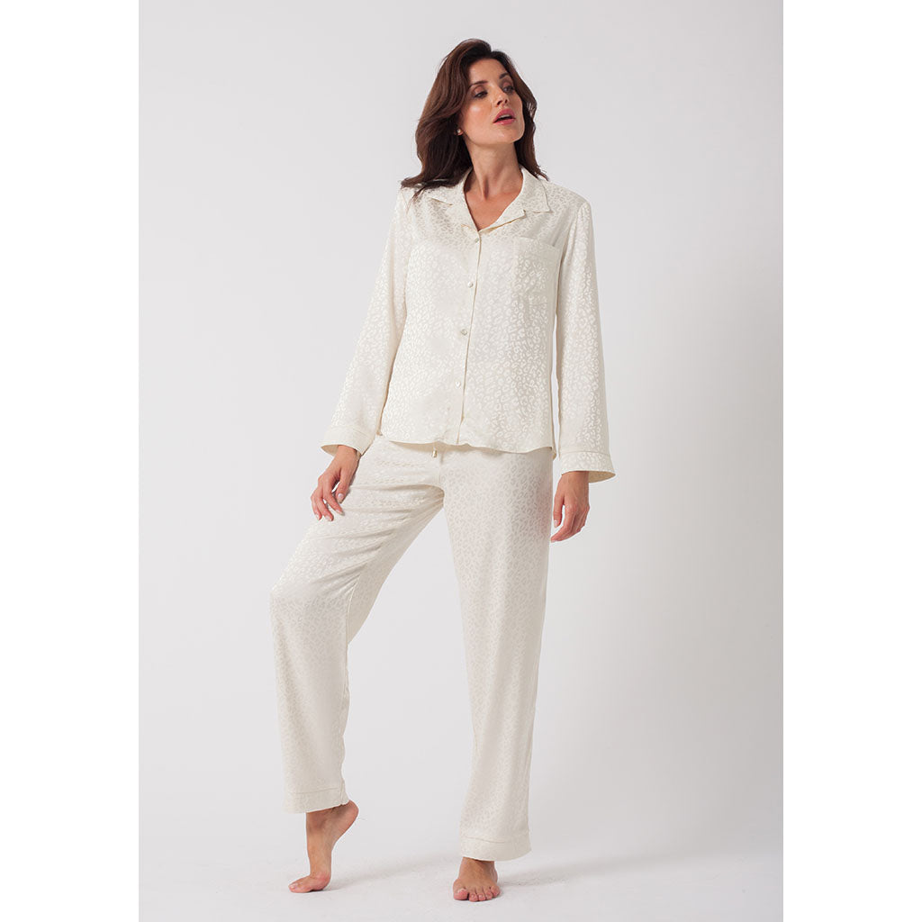 Classic Silky Long Pajama Set | Leopard Ivory